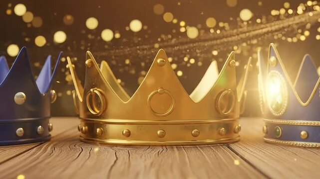 Royal animated crown epiphany reyes three kings jewels glowing in soft festive motion on wooden table with warm sparkling light created as cultural holiday celebration artwork graphic video theme
