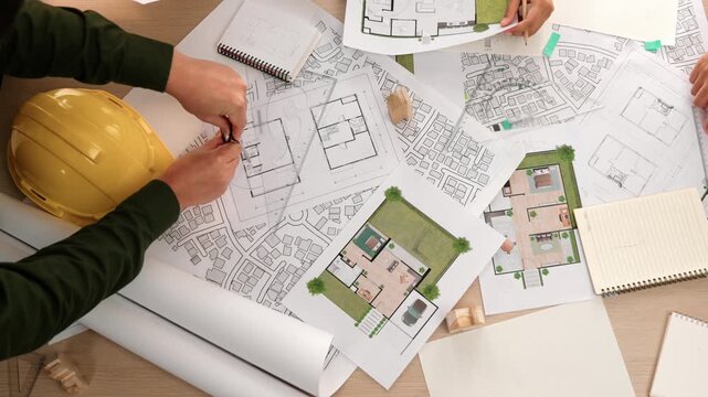 Architect and safety engineer discussion about building construction use blueprint on table with architectural document, measurement tool and wooden block scatter around at modern office. Delineation.