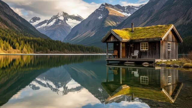 Serene mountain lake retreat with rustic cabin and scenic reflections