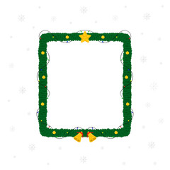 Christmas holiday ornament featuring a rectangular frame with leaves, colorful party lamps, bells, and a star in vector illustration style. Perfect for poster design, a happy holiday card.