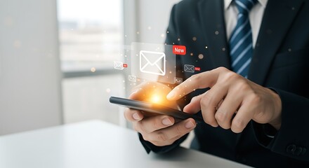 The Priority Inbox An urgent, glowing notification (01) pops up as a professional checks crucial business messages on his mobile device