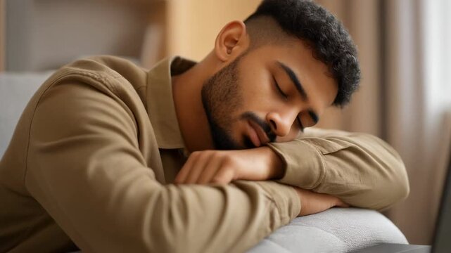 Young Man of Middle Eastern descent sleeping on his arms at a desk with a laptop computer nearby, indoor setting, showing exhaustion and fatigue.