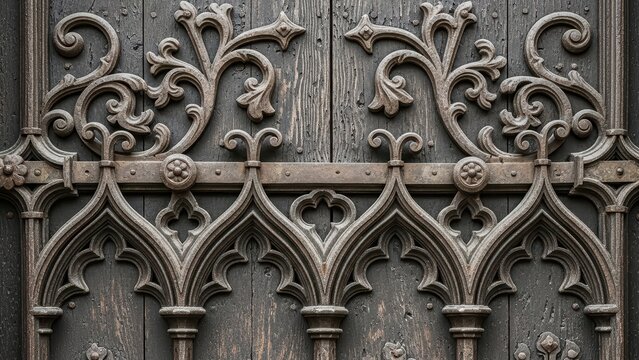 Gothic revival architecture ironwork on historic wooden door