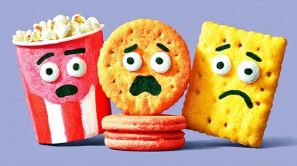 Three different types of snacks are shown with faces on them. The snacks are a box of popcorn, a bag of chips, and a box of crackers