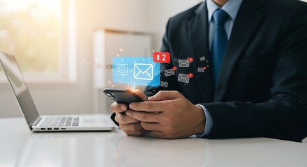 New Mail Alert Hands holding a smartphone with an illuminated "New Mails" pop-up, symbolizing instant communication, connection, and social media notifications