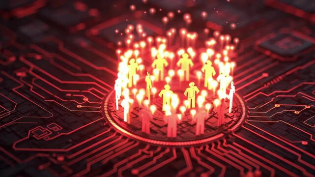 Digital network depicting human connections with glowing circuits, symbolizing online communication and technology.