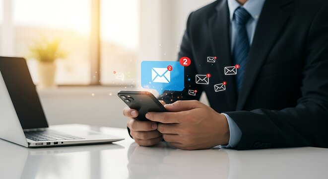 Professional at a laptop reviewing important messages on his phone. A visual metaphor for alertness, business correspondence, and notification overload - Powered by Adobe
