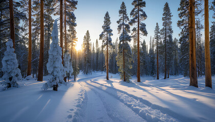 A Quiet, Snow-laden Forest Trail in Yosemite&rsquo;s Winter Landscape