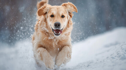Ai golden retriever runs in snow on a winter day with snowflakes flying around its ears