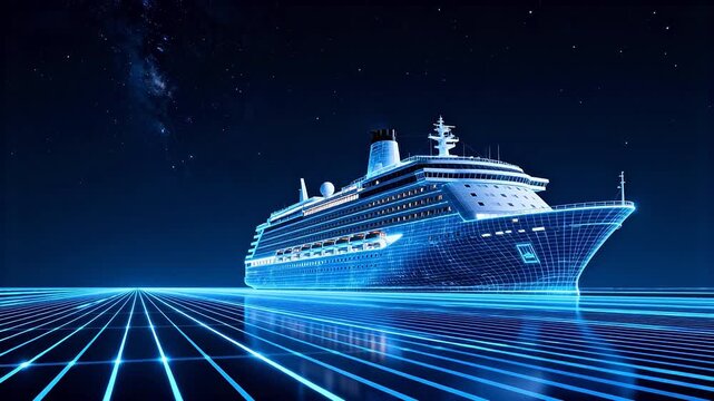 Futuristic cruise ship in digital space
