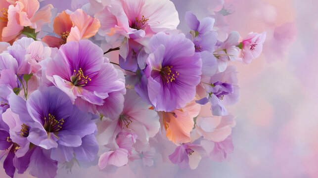 Ai vibrant display of purple and pink flowers blooming in a soft background during springtime - Powered by Adobe