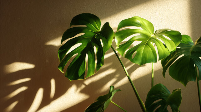 Ai monstera leaves casting shadows on wall in sunlight during afternoon