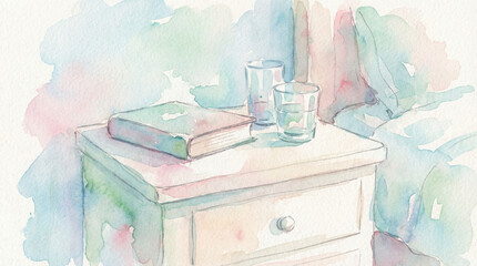Watercolor bedside table with book and glasses in soft colors  