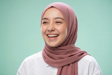 Young Muslim woman laughing with joy in studio portrait