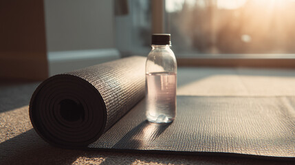 Ai yoga mat and water bottle on a floor by the window in a home during evening light