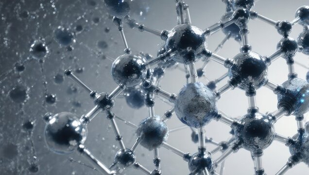 Spherical structures connected by rods, creating a molecular-like composition with textured spheres