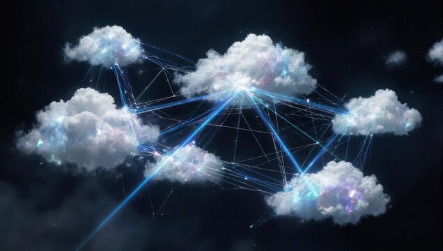 Abstract depiction of connected clouds in a night sky, with glowing lines representing data flow