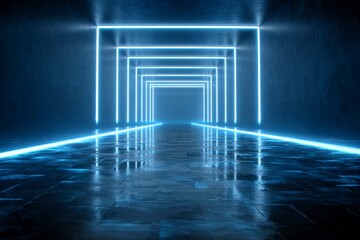 futuristic neon blue glowing lines and shapes in a dark room background. cyber space concept.