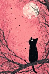 a pink sky with black spider webs, a black cat sitting on the branches of a tall oak tree and looking up at you, pink leaves falling around it