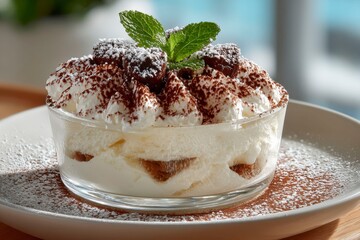 a small glass bowl of the delicate white italian dessert, on a saucer with soft lighting and a simple background.