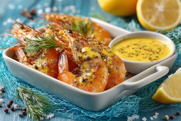 baked shrimp with mustard sauce in a white dish on a blue net, vibrant color background