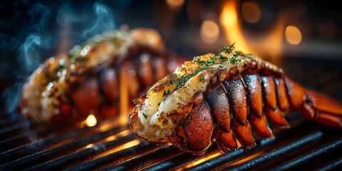 closeup of two lobster tails on the grill with smoke