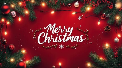 Merry Christmas and Happy New Year logo design with white cursive text, red background, Christmas lights, evergreen branches, festive balls & bulbs&mdash;central empty space for logo