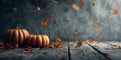pumpkins and fall leaves on the ground, wooden background, leaves falling from above, orange color tones, dark gray wall in the back of the scene.
