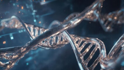 Close-up of a detailed, translucent DNA double helix against a blurred, digital background