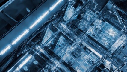 Abstract architectural composition featuring interconnected transparent planes and neon lights