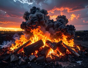 Fiery logs ablaze, plumes of smoke rise against a vibrant sunset sky, casting an ominous yet beautiful scene