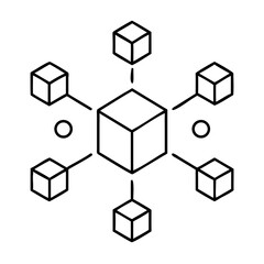 Obraz premium Network of cubes connected to a central cube with circles on transparent background