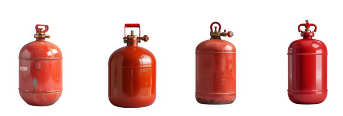 Four red industrial gas cylinders with brass valves isolated on transparent background