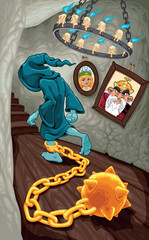 A chained ghost walks in an old castle. Vector cartoon horror illustration.
