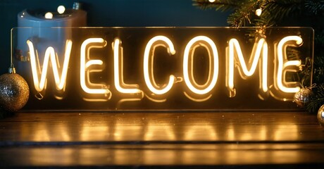 Bright neon sign spells welcome. Festive decorations surround glowing text. Warm light creates inviting atmosphere.