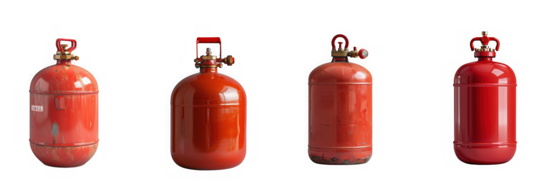 Four red industrial gas cylinders with brass valves isolated on transparent background