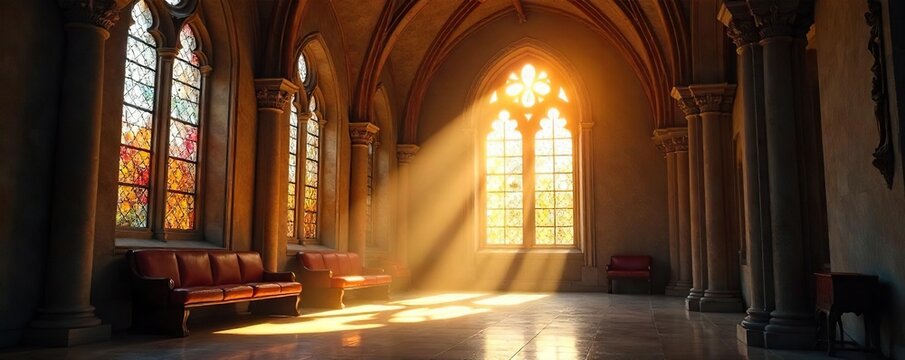 Sunlit Stained Glass Chapel  Peaceful Spiritual Reflection in a Sacred Space