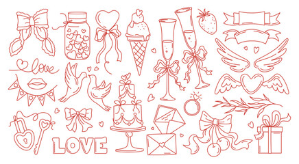Coquette elements for Valentines day, birthday, wedding invitation, greeting card. Vintage elegant Glasses of champagne, wings, girly bows, doves, strawberry, hearts, ribbons, cherry, cake, envelopes.