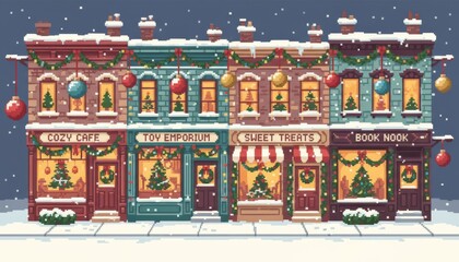 Naklejka premium Pixel Art City Shops Decorated for Christmas
