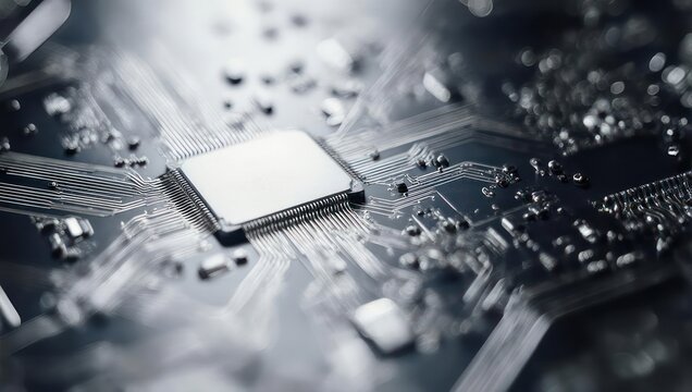 Close-up of a circuit board, showcasing a central processing unit and complex wiring details