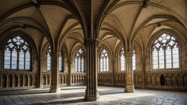 Gothic architecture in medieval cathedral with intricate stone arches