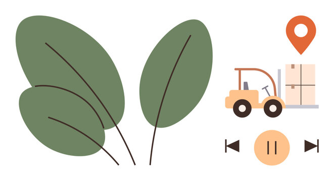Forklift moving package, green leaves, location marker, and playback buttons. Ideal for eco-friendly logistics, sustainability, delivery, supply chain technology nature environment. Clean simple