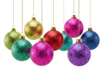 Seven frosted glass Christmas ornaments, light green, emerald, golden, magenta, red, blue, purple, on golden chains, transparent background, copy space. Festive elegance concept