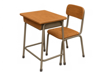 Empty school desk and chair, old wooden education furniture ready for learning in classroom, transparent background