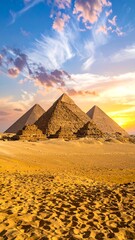Egypt's ancient pyramids rise from the golden sand under a vibrant sunset sky filled with wispy clouds
