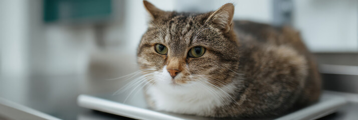 Calm tabby cat veterinary clinic pet care digital scale weight check