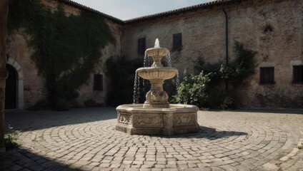 A serene, sunlit courtyard with a tiered fountain centered amid brickwork and old buildings