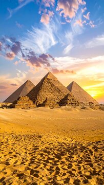 Egypt's ancient pyramids rise from the golden sand under a vibrant sunset sky filled with wispy clouds