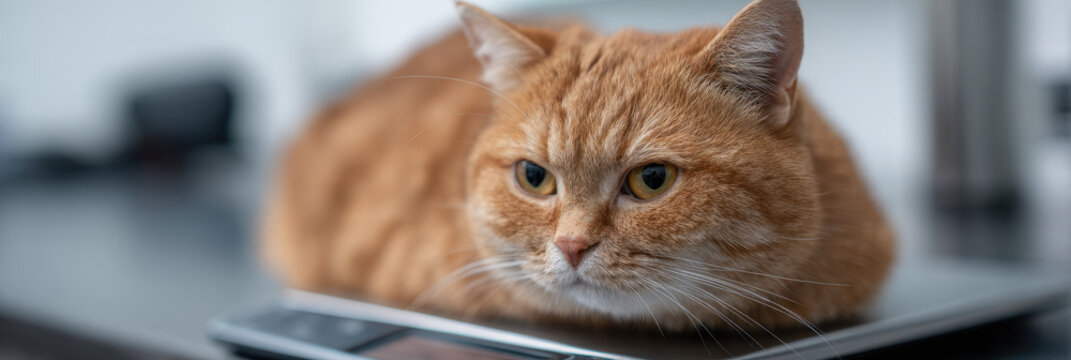 Ginger cat weight check veterinary digital scale clinic setting calm