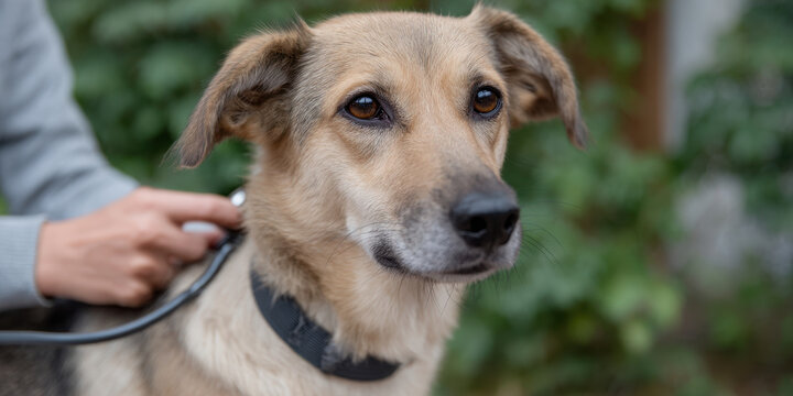 Dog stethoscope vet checkup clinic calm canine health exam pet care closeup portrait